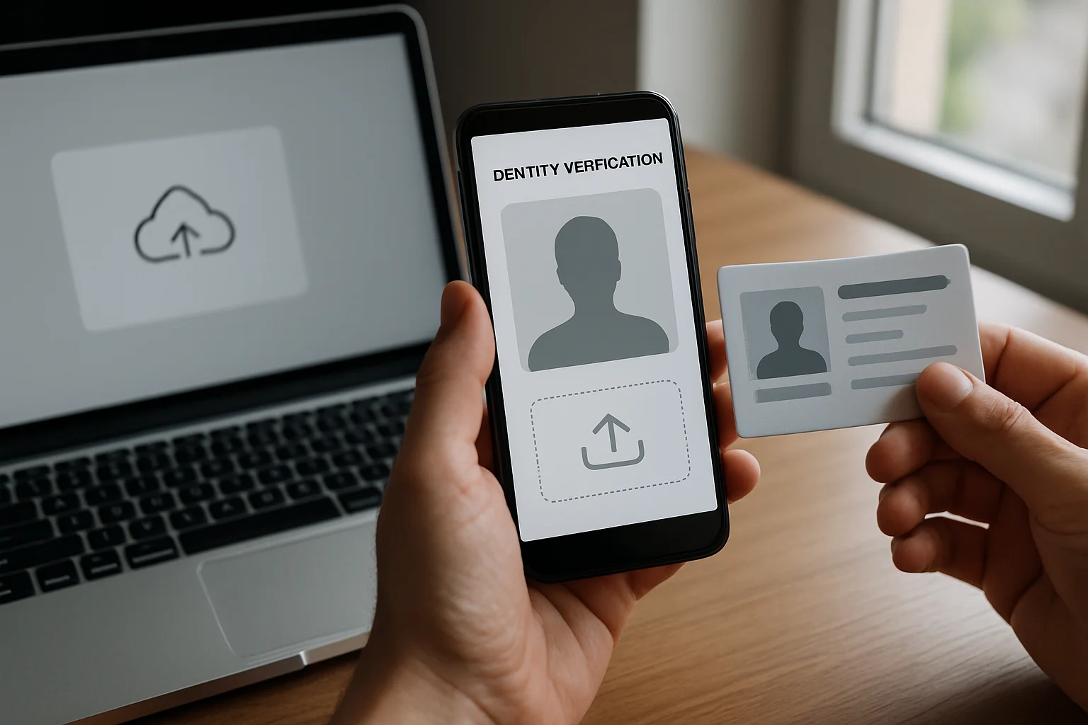 Une personne effectue la vérification d’identité sur un smartphone à côté d’un ordinateur portable, en tenant une pièce d’identité, avec un cadrage serré sans visage reconnaissable.
