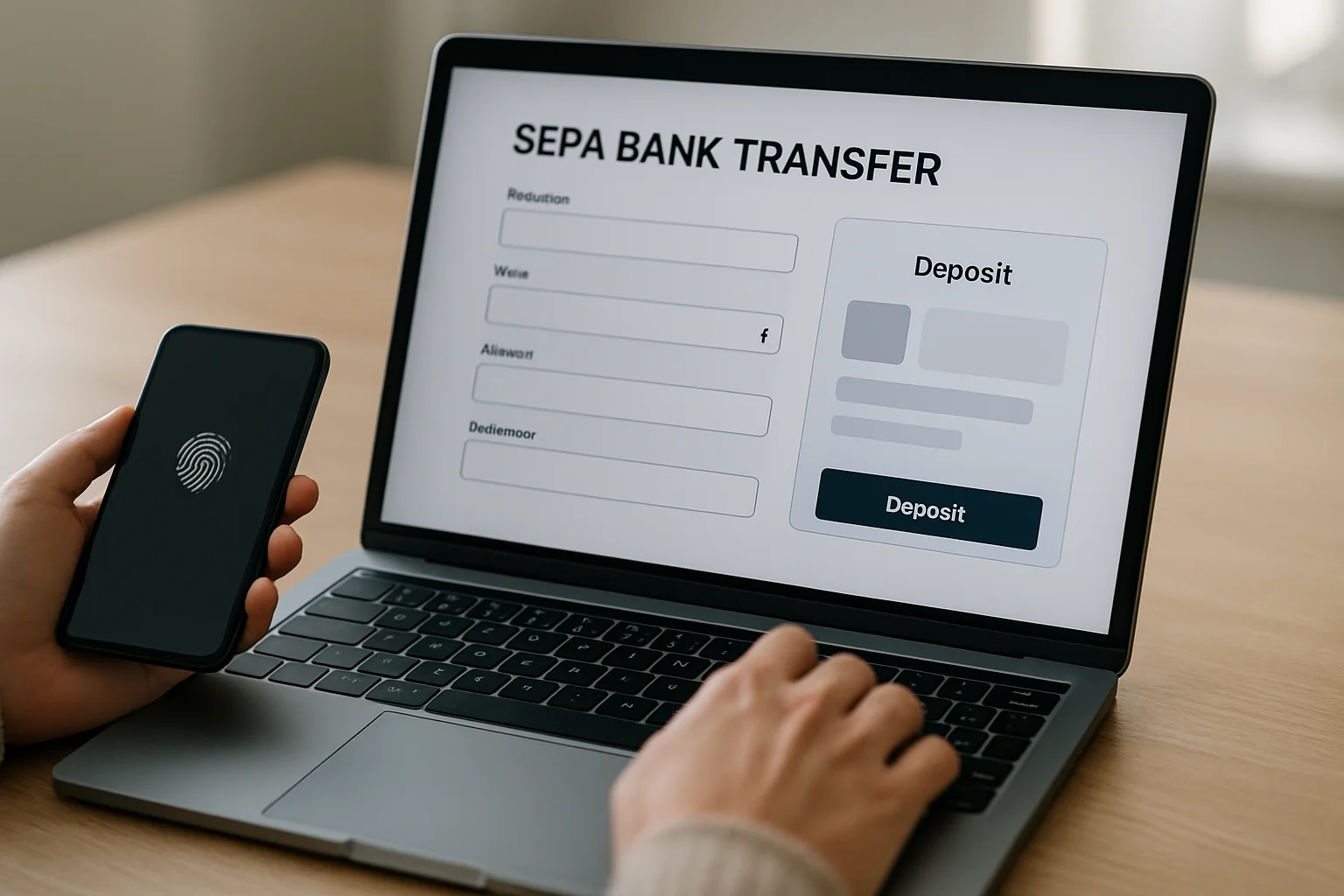 Des mains lancent un virement SEPA sur un ordinateur portable, avec un smartphone posé à côté pour l’authentification, dans un bureau simple et bien éclairé.