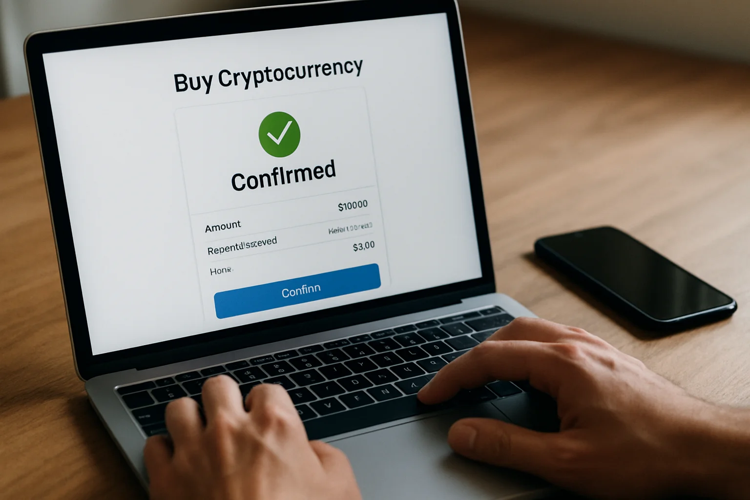 Des mains finalisent un premier achat de cryptomonnaie sur un ordinateur portable, avec un smartphone à côté, dans une scène réaliste sans texte lisible.