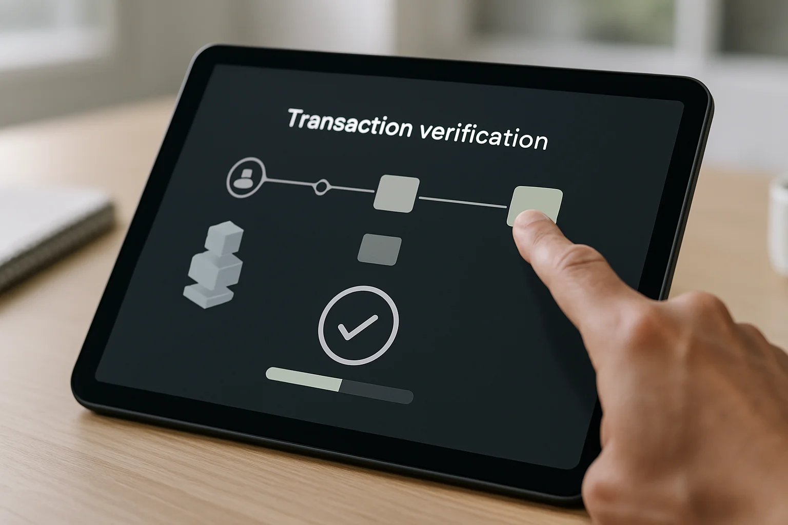 Une tablette posée sur un bureau affiche une interface abstraite de vérification de transaction avec des blocs et des indicateurs visuels, pendant qu’une main pointe une zone mise en évidence.