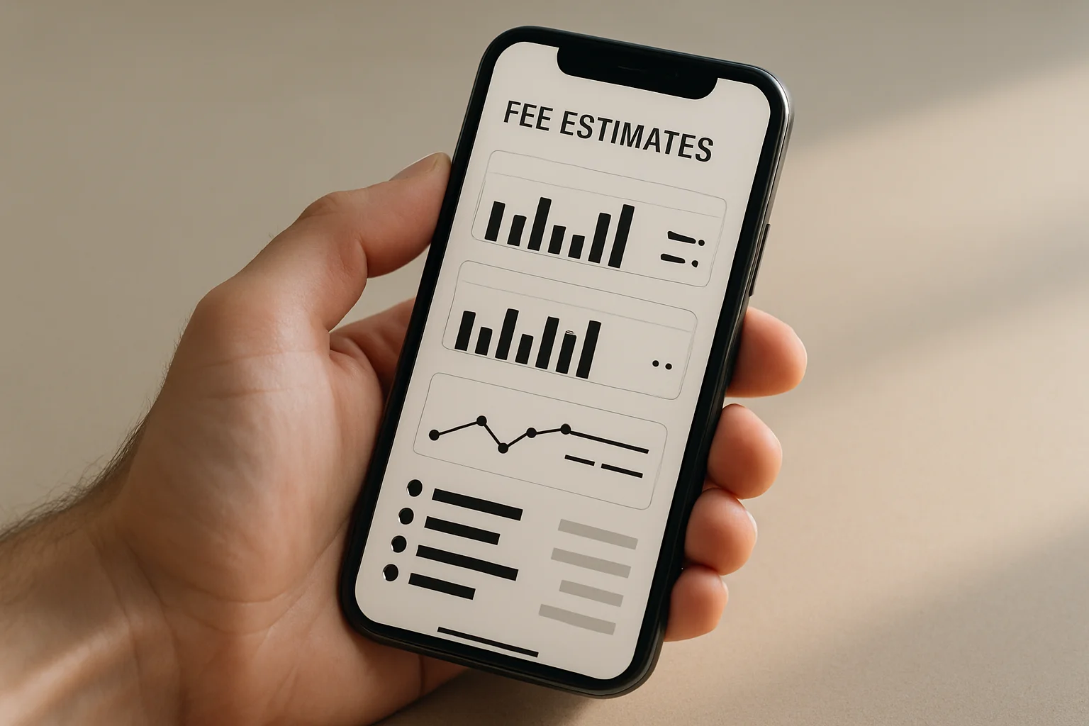 Une main tient un smartphone affichant une interface abstraite d’estimation de frais avec des barres et des courbes sans inscription, au-dessus d’un bureau sobre éclairé par la lumière du jour.