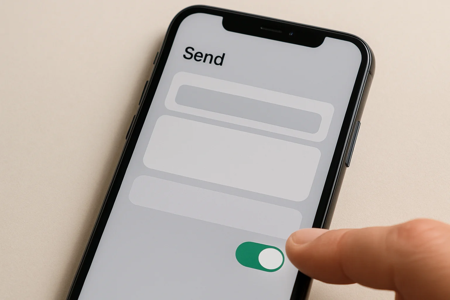 Gros plan sur un smartphone montrant un écran d’envoi de wallet avec un interrupteur activé, tandis qu’un doigt s’apprête à valider le réglage, sans aucune inscription visible.