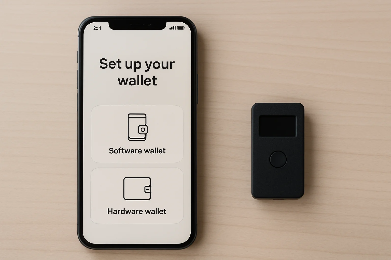 Un smartphone avec une interface générique de wallet à côté d’un petit appareil de type hardware wallet posé sur un bureau sobre.