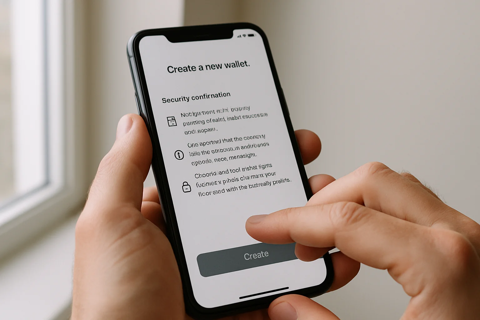 Des mains configurent un premier wallet crypto sur un smartphone en touchant l’écran pendant l’initialisation.