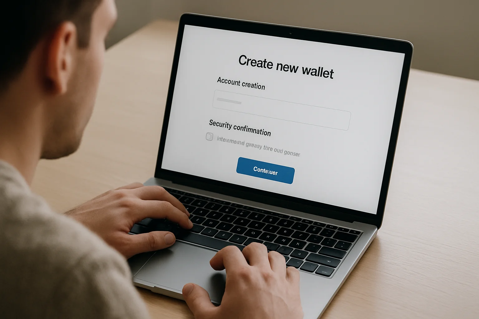 Des mains utilisent un ordinateur portable pour créer un premier wallet crypto avec une interface générique de configuration.