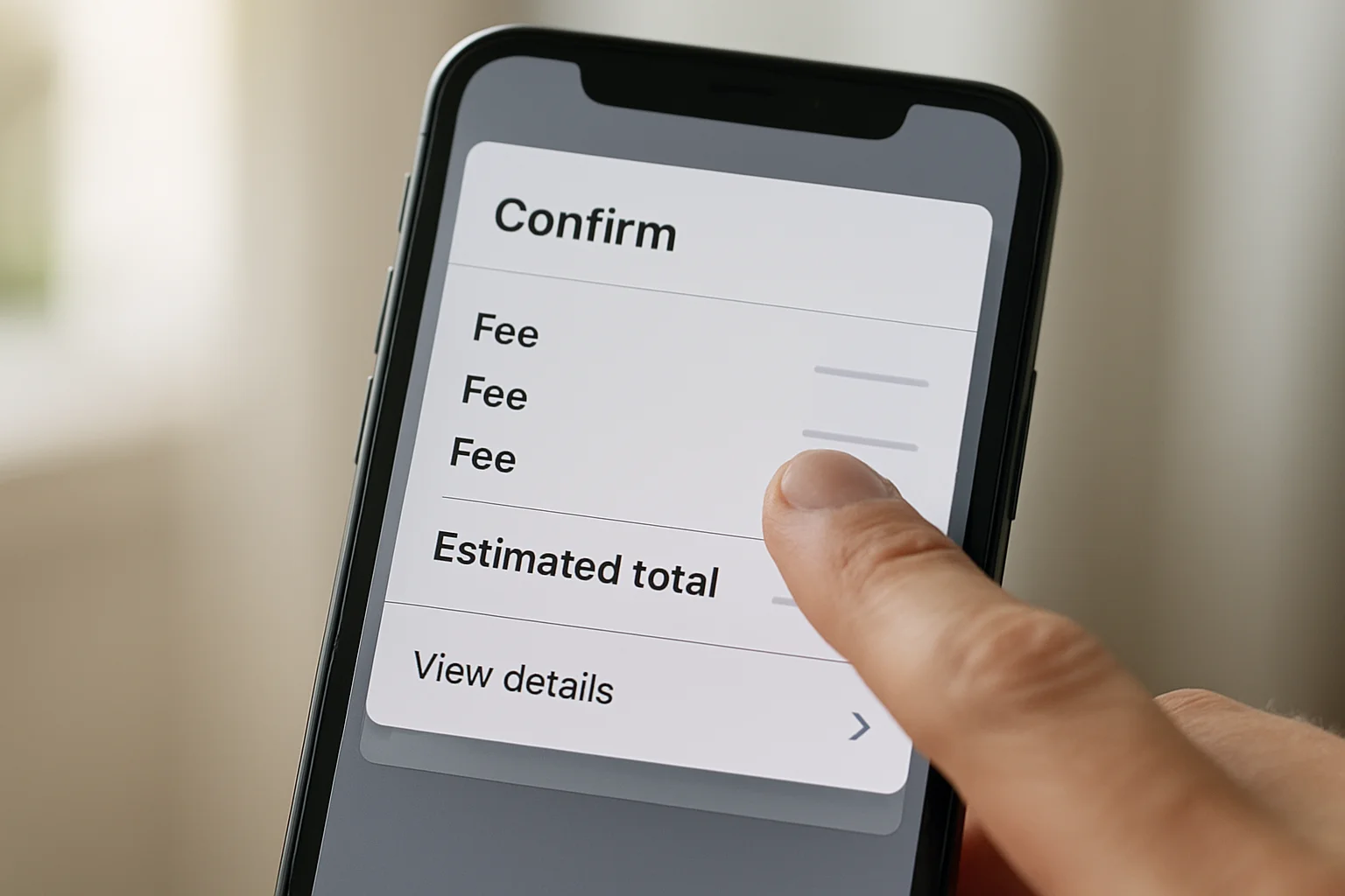 Gros plan sur l’écran d’un wallet mobile affichant plusieurs zones de frais et un coût total estimé, avec un doigt pointant la section des frais.