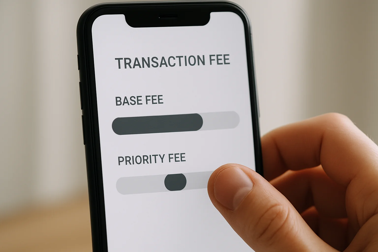 Main tenant un smartphone avec une interface de frais de transaction montrant deux composantes distinctes, dont une petite partie ajustable pour illustrer la priority fee.