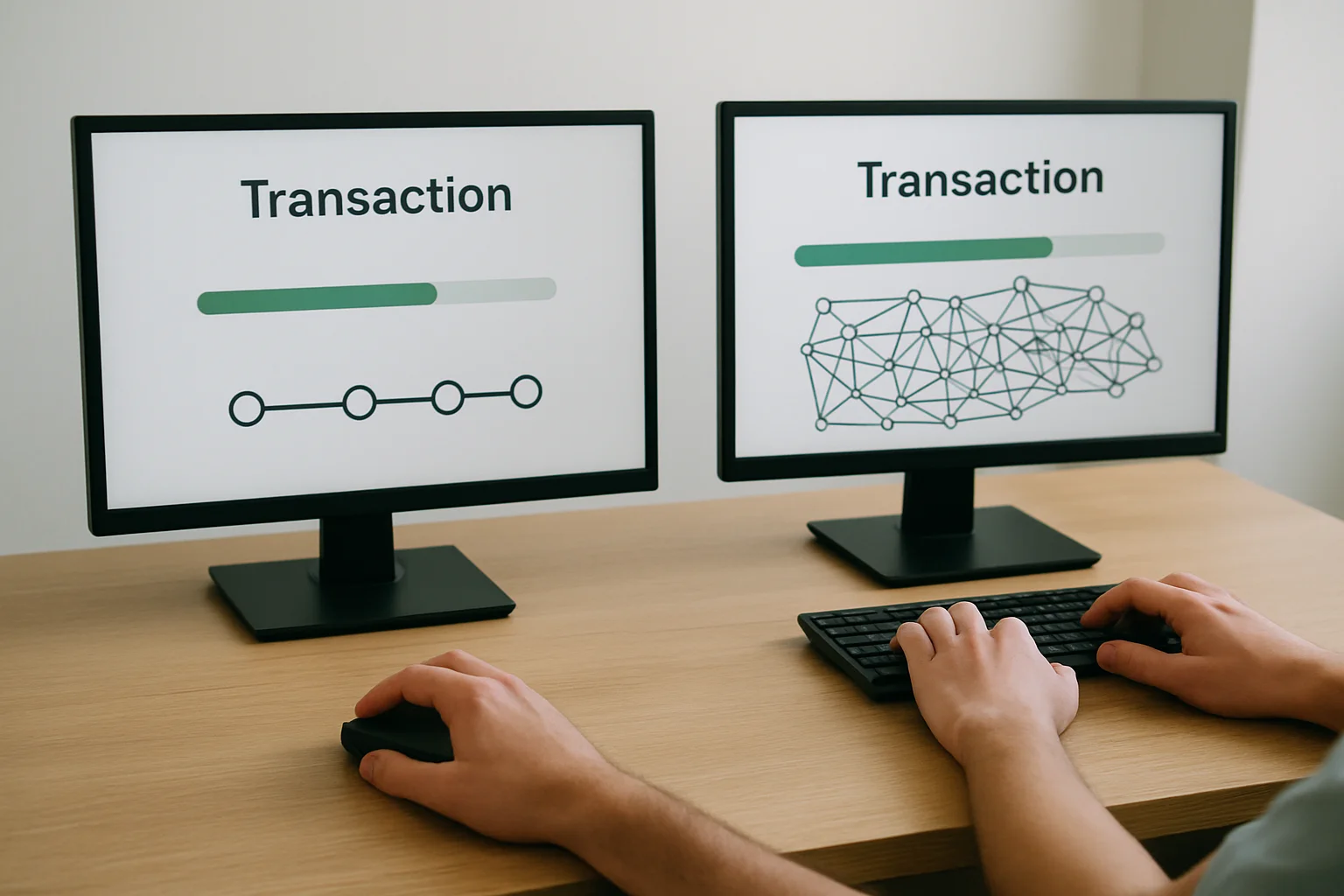 Comparaison visuelle de deux transactions sur des écrans, l’une simple et l’autre plus complexe ou en période de congestion, avec des indicateurs graphiques plus chargés.
