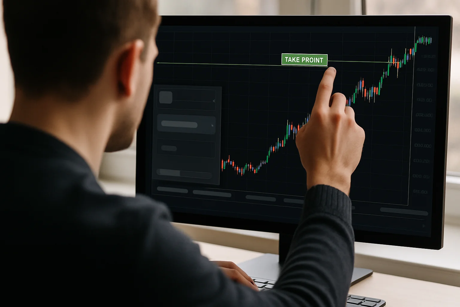Main plaçant un niveau de take-profit au-dessus du prix du marché sur une interface de trading affichée sur un écran.