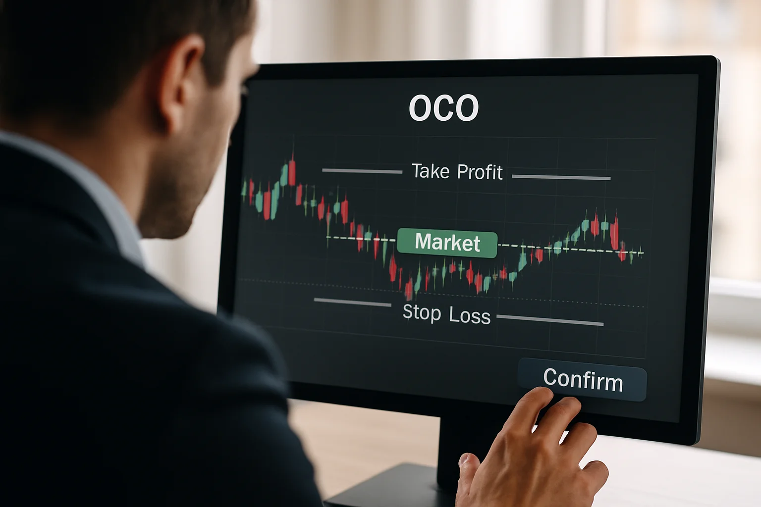 Vérification visuelle de la cohérence entre le prix du marché, le take-profit au-dessus et le stop-loss au-dessous avant confirmation.