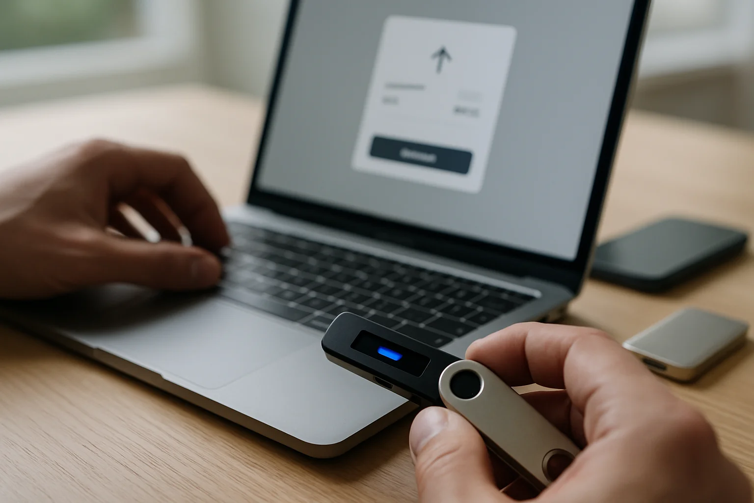 Gros plan sur une première signature avec une main utilisant un hardware wallet devant un ordinateur portable, tandis que le smartphone et la sauvegarde froide restent en arrière-plan.