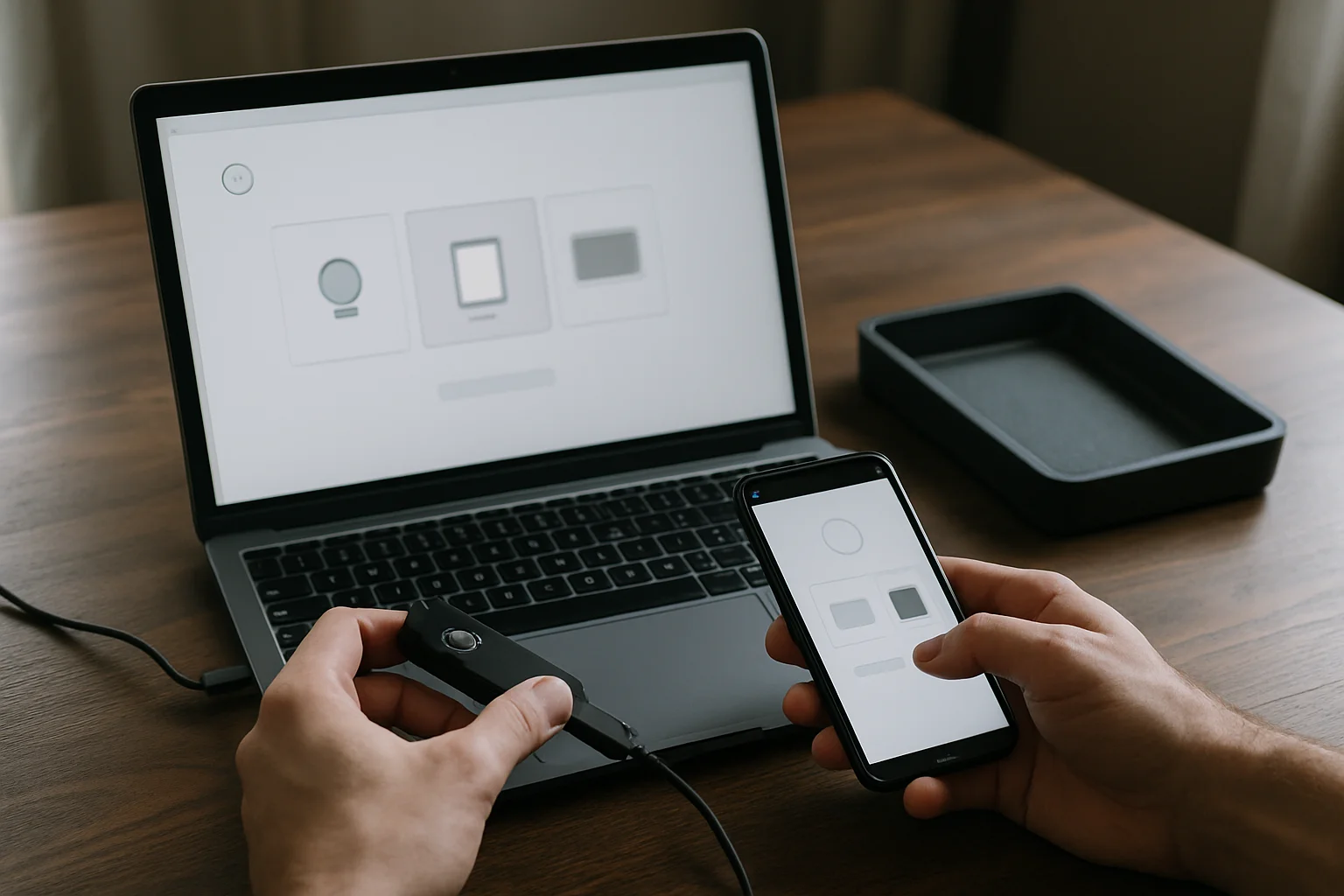 Scène de test de récupération avec un ordinateur portable, un hardware wallet et un smartphone utilisés alors qu’un troisième emplacement de clé est vide.