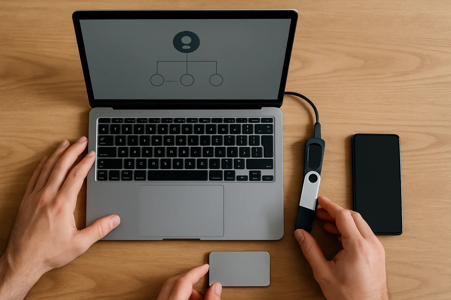 Vue de dessus d’un ordinateur portable avec une interface sans inscription, un hardware wallet branché, un smartphone et un support de sauvegarde froide disposés ensemble pendant l’assemblage d’un coffre multisignature.