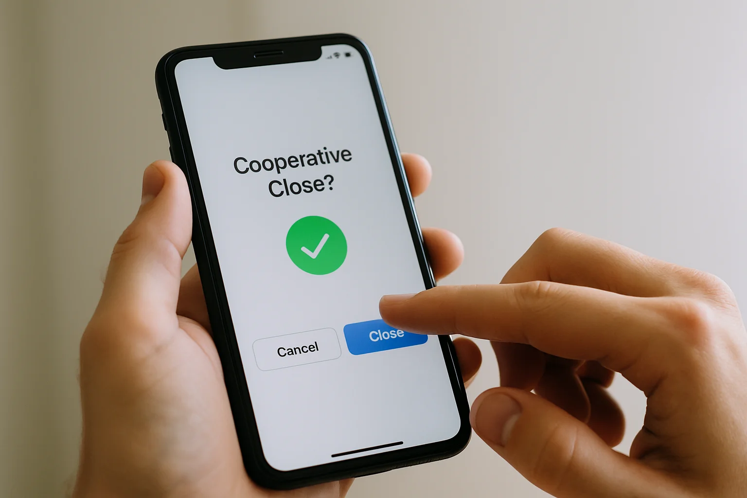 Un smartphone tenu en main avec une interaction tactile illustrant la fermeture coopérative d’un canal Lightning, sur fond sobre et en lumière naturelle.
