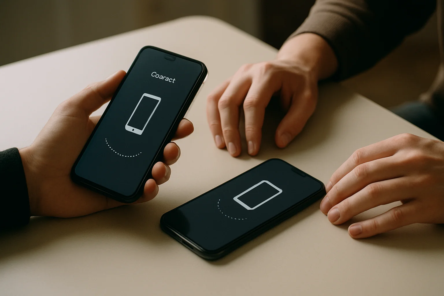 Deux smartphones posés sur une table claire, avec des mains partiellement visibles, illustrant une connexion entre pair et l’ouverture d’un canal, en lumière naturelle.