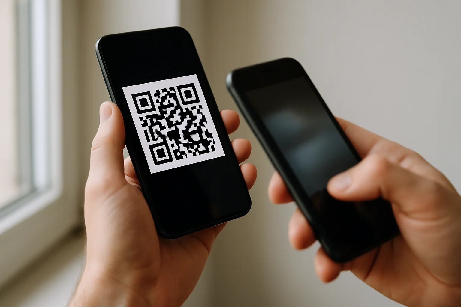 Une main tient un smartphone affichant un code QR pendant qu’un autre smartphone le scanne pour envoyer un paiement instantané Lightning.