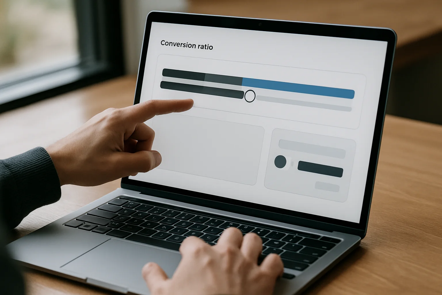 Une personne consulte sur un ordinateur portable un écran montrant un ratio de conversion et une position de staking liquide, avec des éléments graphiques sans texte lisible.