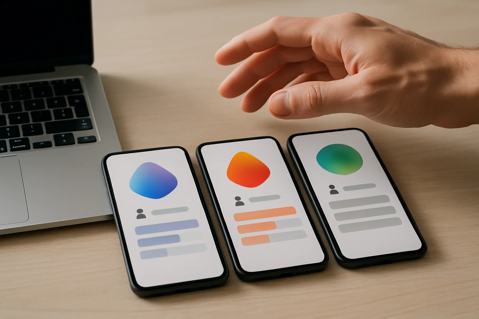 Trois smartphones affichent côte à côte des options de staking liquide comparées visuellement, à côté d’un ordinateur portable sur un bureau clair.