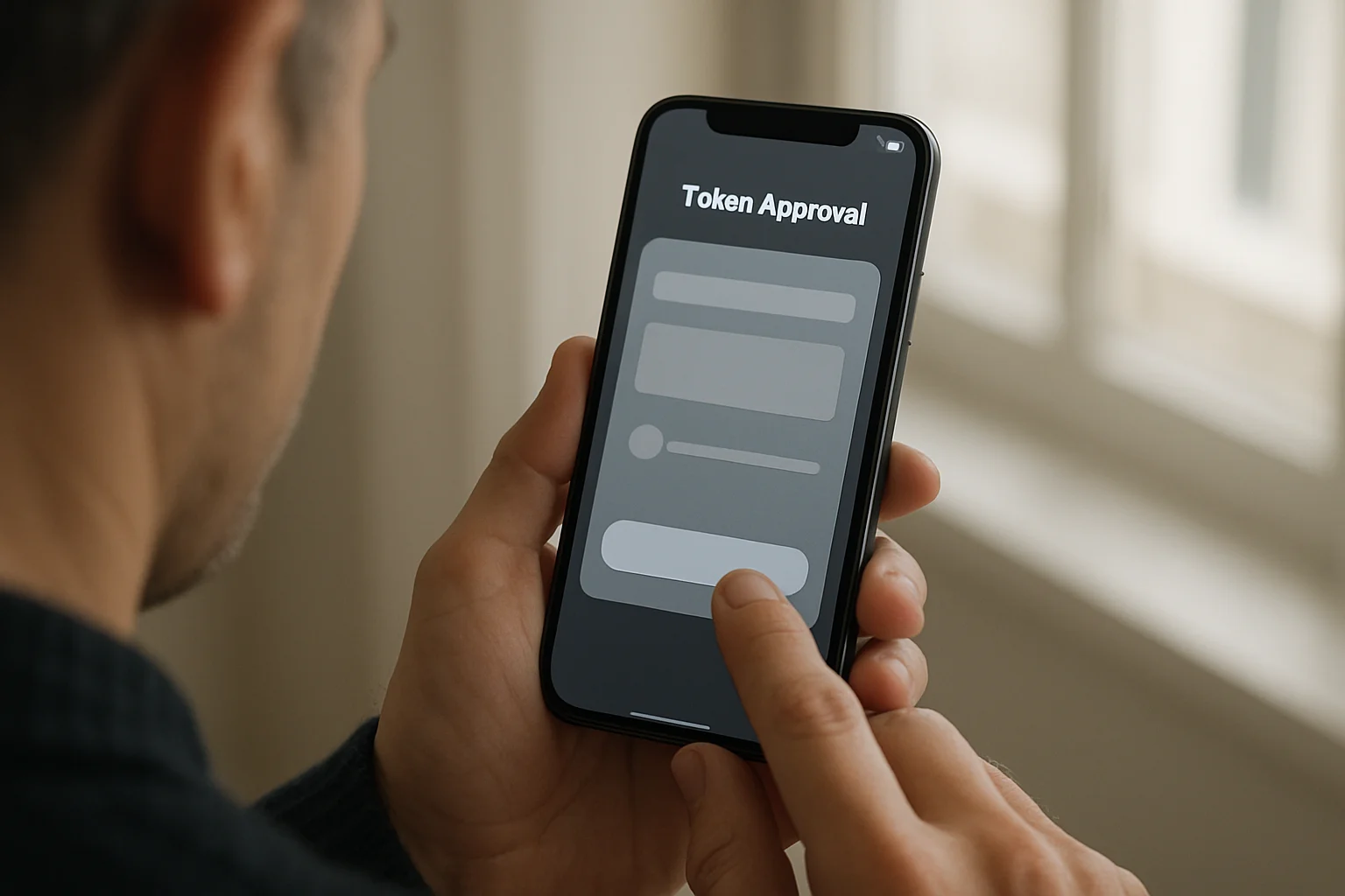 Une main tient un smartphone affichant un écran de confirmation d’approval de token, avec une zone pour le destinataire et une zone pour le montant, sans texte lisible.