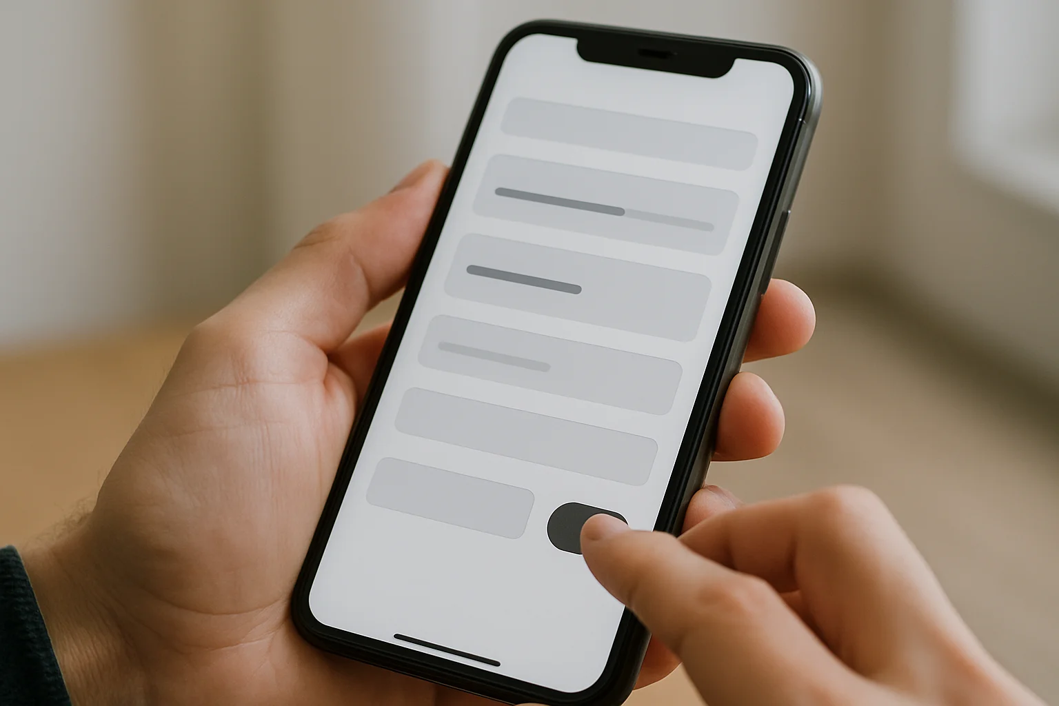 Gros plan sur des mains utilisant un smartphone pour réduire ou désactiver une approval de token sur une interface sans texte lisible.