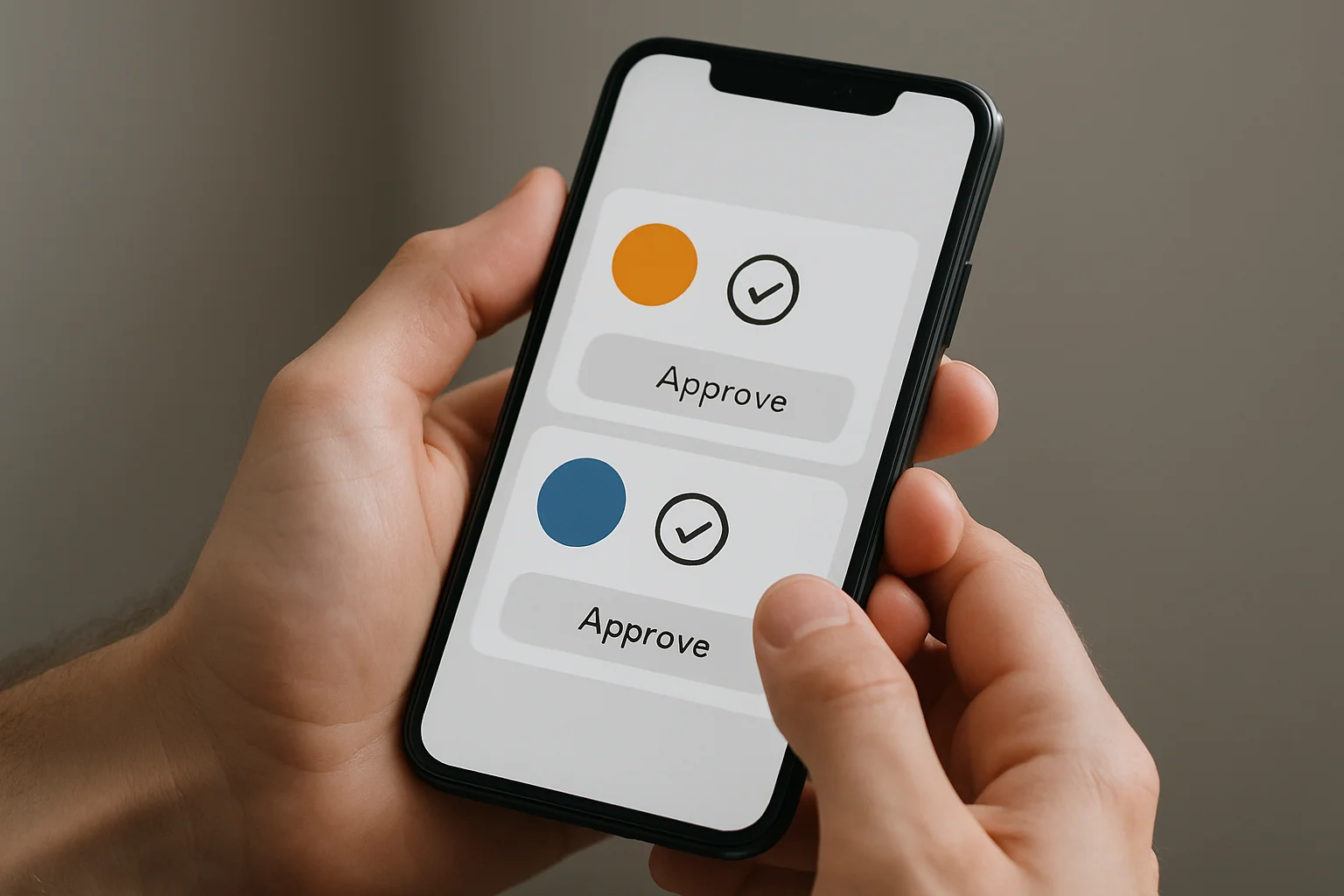 Un smartphone tenu à deux mains montre deux approvals de tokens distinctes, vérifiées l’une après l’autre sur une interface sans texte lisible.