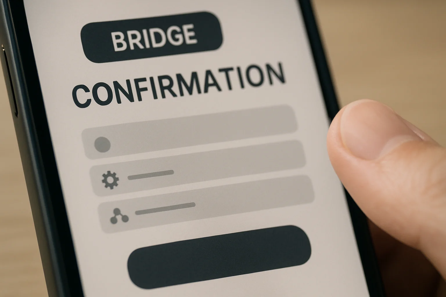 Un écran de confirmation de bridge affichant des sections de frais sans texte, avec un doigt prêt à confirmer l’opération.