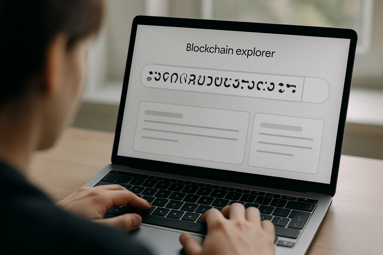 Des mains utilisent un ordinateur portable pour lancer une recherche de transaction sur un explorateur de blockchain.