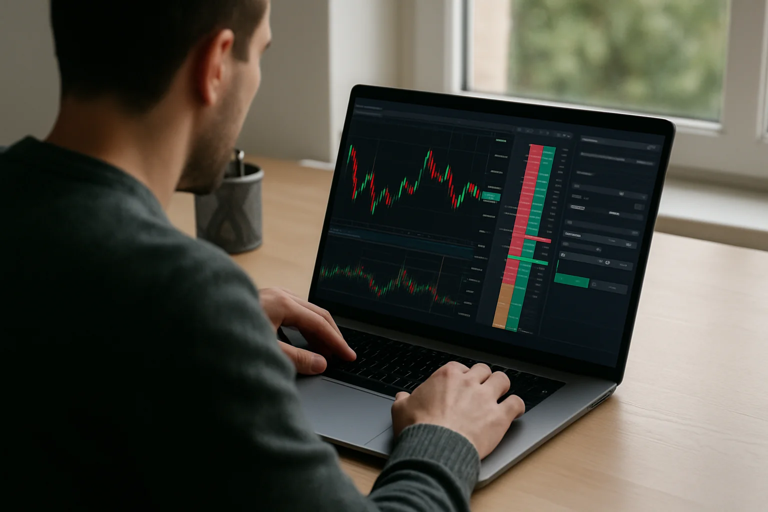 Une personne utilise un ordinateur portable sur un bureau pour placer un ordre à cours limité sur une interface de trading avec graphique en chandeliers et niveaux de prix, sans texte lisible.