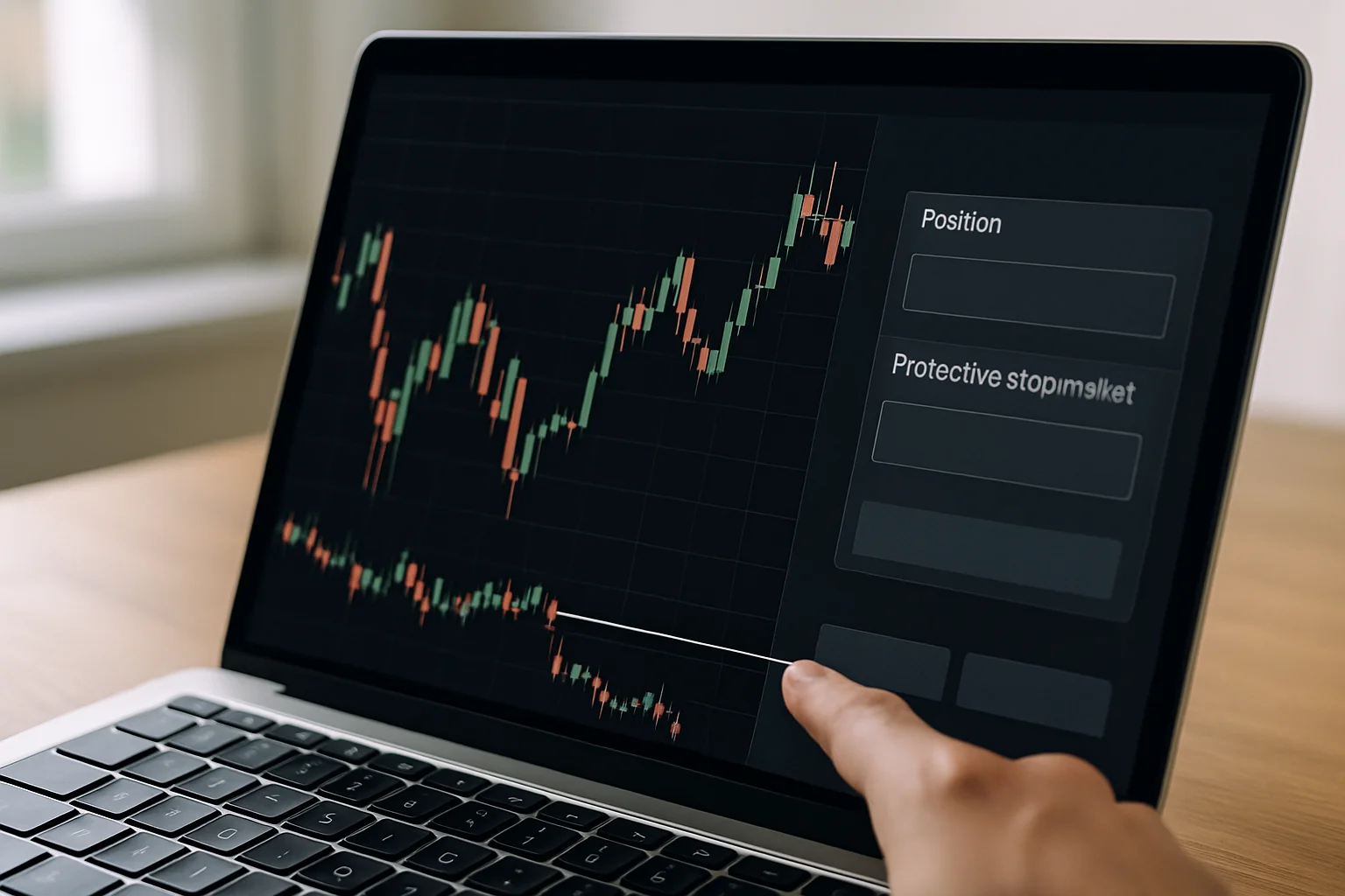 Gros plan sur un ordinateur affichant une interface de trading où un niveau de protection de type stop-market est placé sous la position, avec un repère horizontal visible.