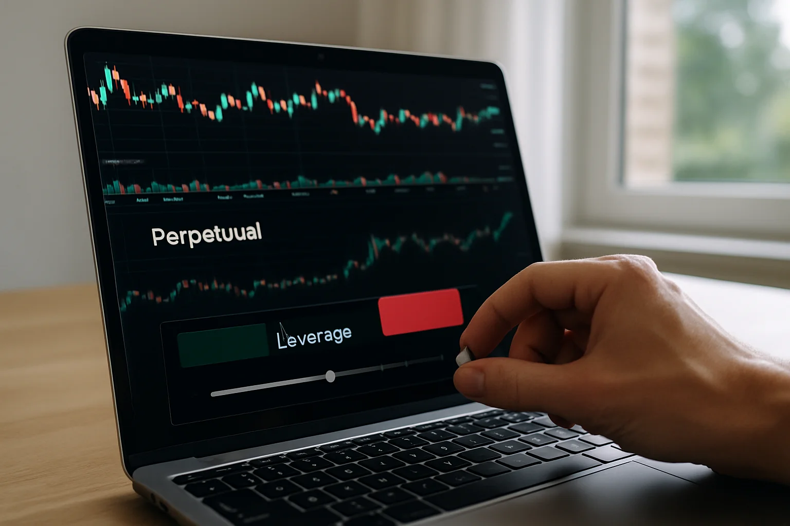 Une main règle un levier faible sur l’interface d’un contrat perpétuel affichée sur un ordinateur portable, sur un bureau éclairé par la lumière du jour.