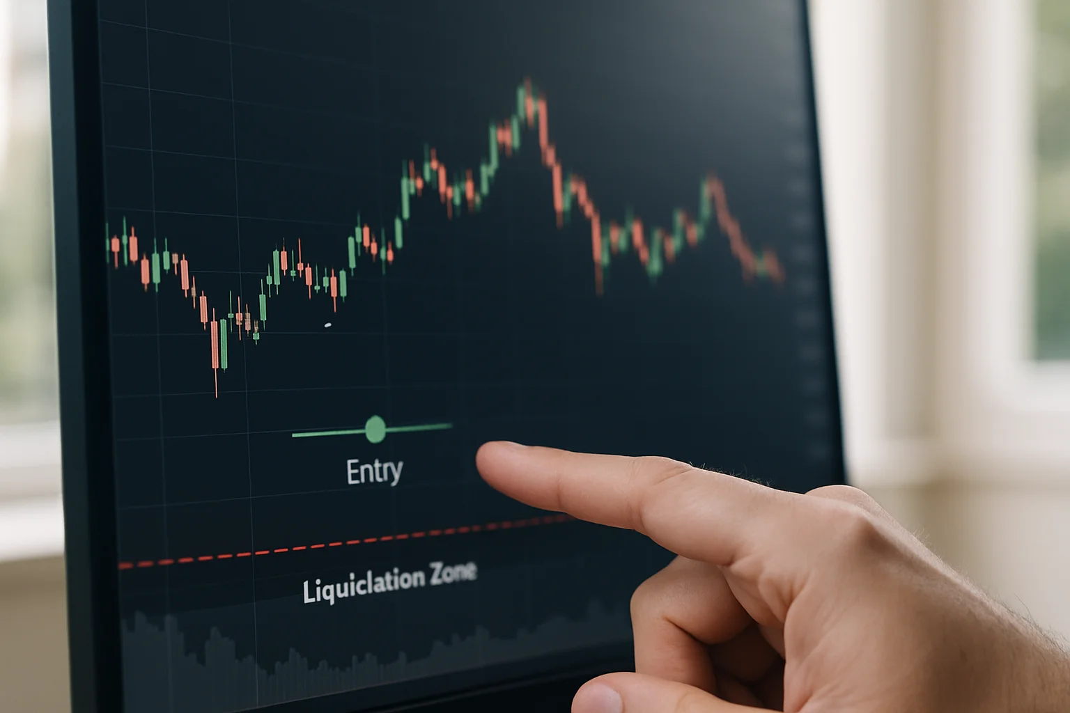 Un écran de trading montre un niveau d’entrée, une zone de liquidation plus bas et un stop de protection placé avant cette zone, avec une main qui le désigne.