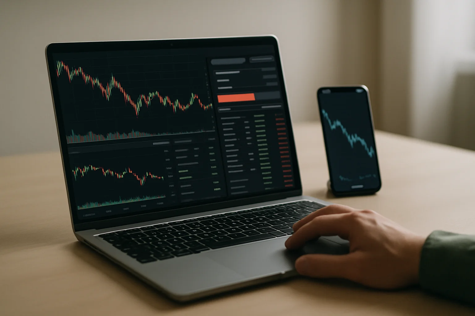 Une position ouverte sur un contrat perpétuel crypto est surveillée sur un ordinateur portable, avec un smartphone posé à côté sur un bureau sobre.
