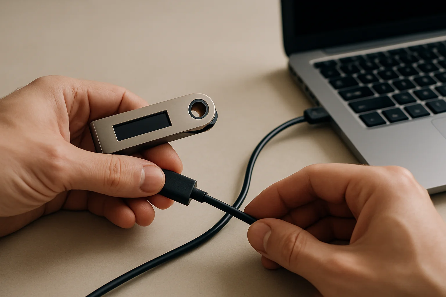 Transfert des données entre un appareil connecté et un hardware wallet à l’aide d’un câble, sur un bureau éclairé naturellement.