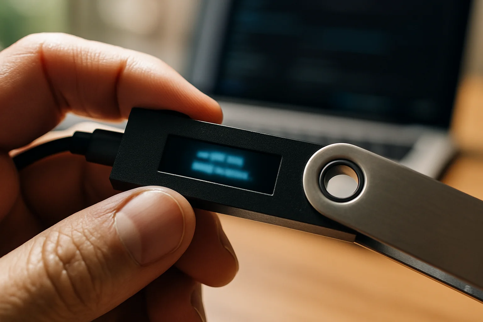 Vérification attentive des détails d’une transaction sur l’écran d’un hardware wallet, avec un appareil connecté flou en arrière-plan.
