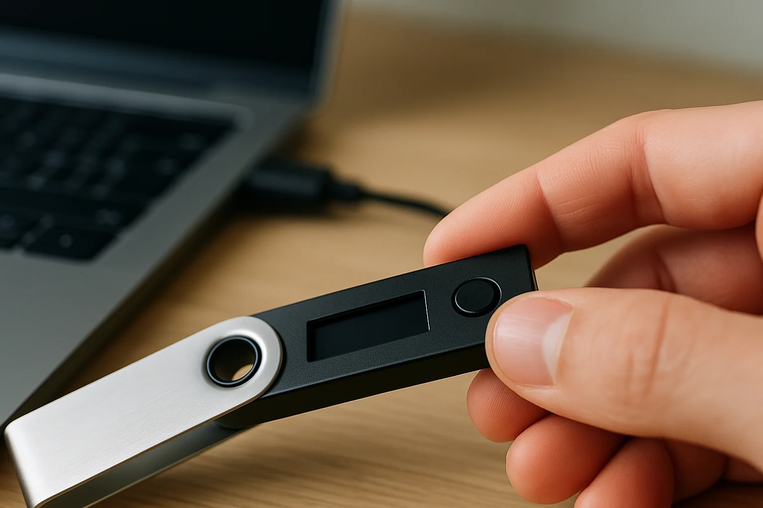 Signature d’une transaction par pression sur un bouton physique d’un hardware wallet, à côté d’un appareil connecté.