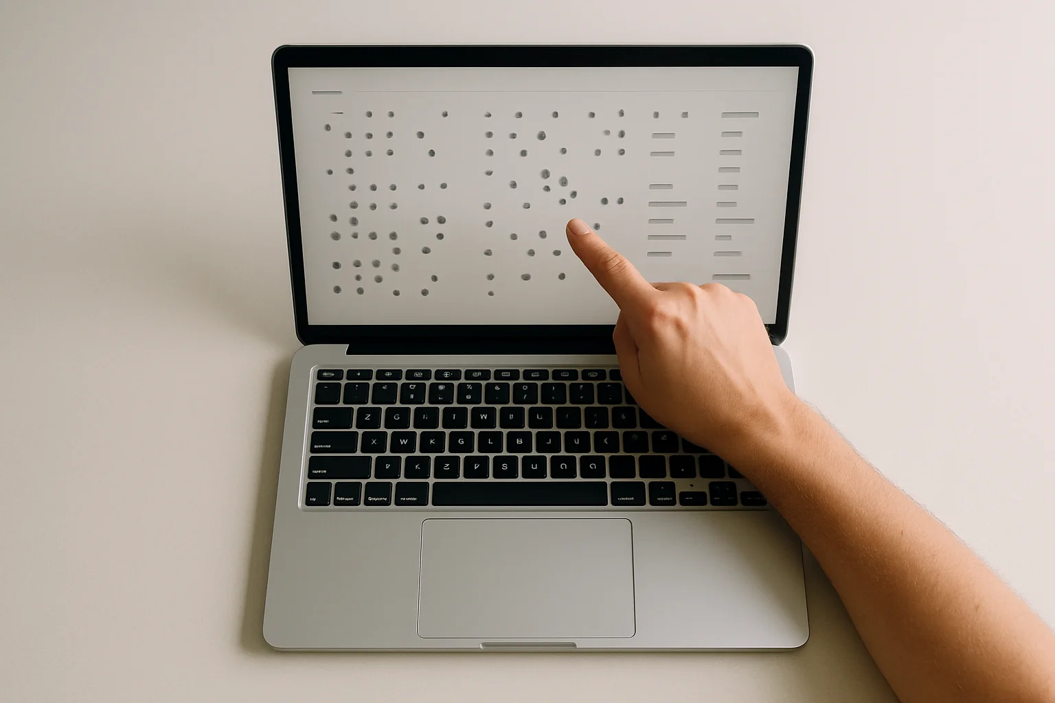 Vue de dessus d’un ordinateur portable sur une table propre, avec une interface sans inscription montrant de nombreuses petites entrées répétées. Une main désigne plusieurs petites sorties dispersées à regrouper.
