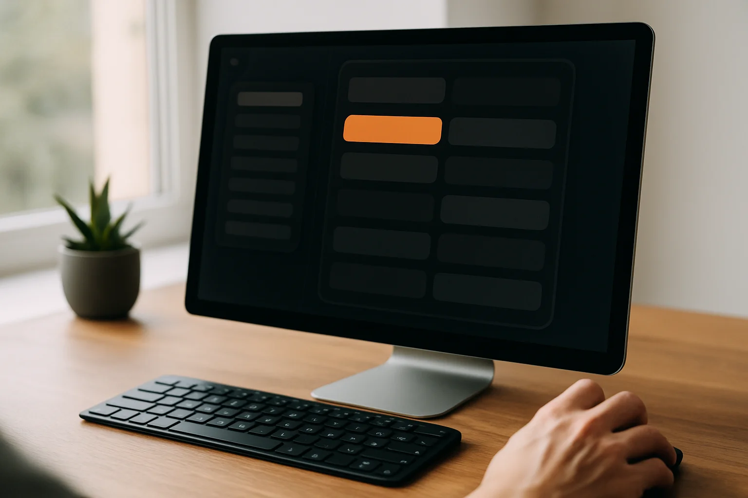 Photo de bureau avec un écran affichant une interface sans texte où quelques entrées similaires sont sélectionnées ensemble, tandis que les autres restent non sélectionnées pour montrer un même contexte.