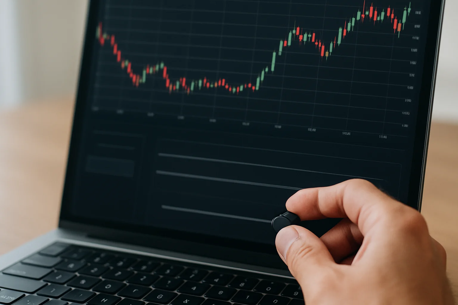 Une main ajuste le nombre de grilles sur une interface de trading affichant plusieurs lignes horizontales régulièrement espacées dans une fourchette de prix.
