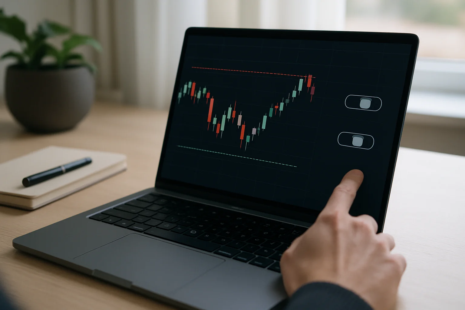 Une main configure des conditions de sortie sur une interface de bot de trading avant son lancement, à côté d’un graphique sans inscriptions.