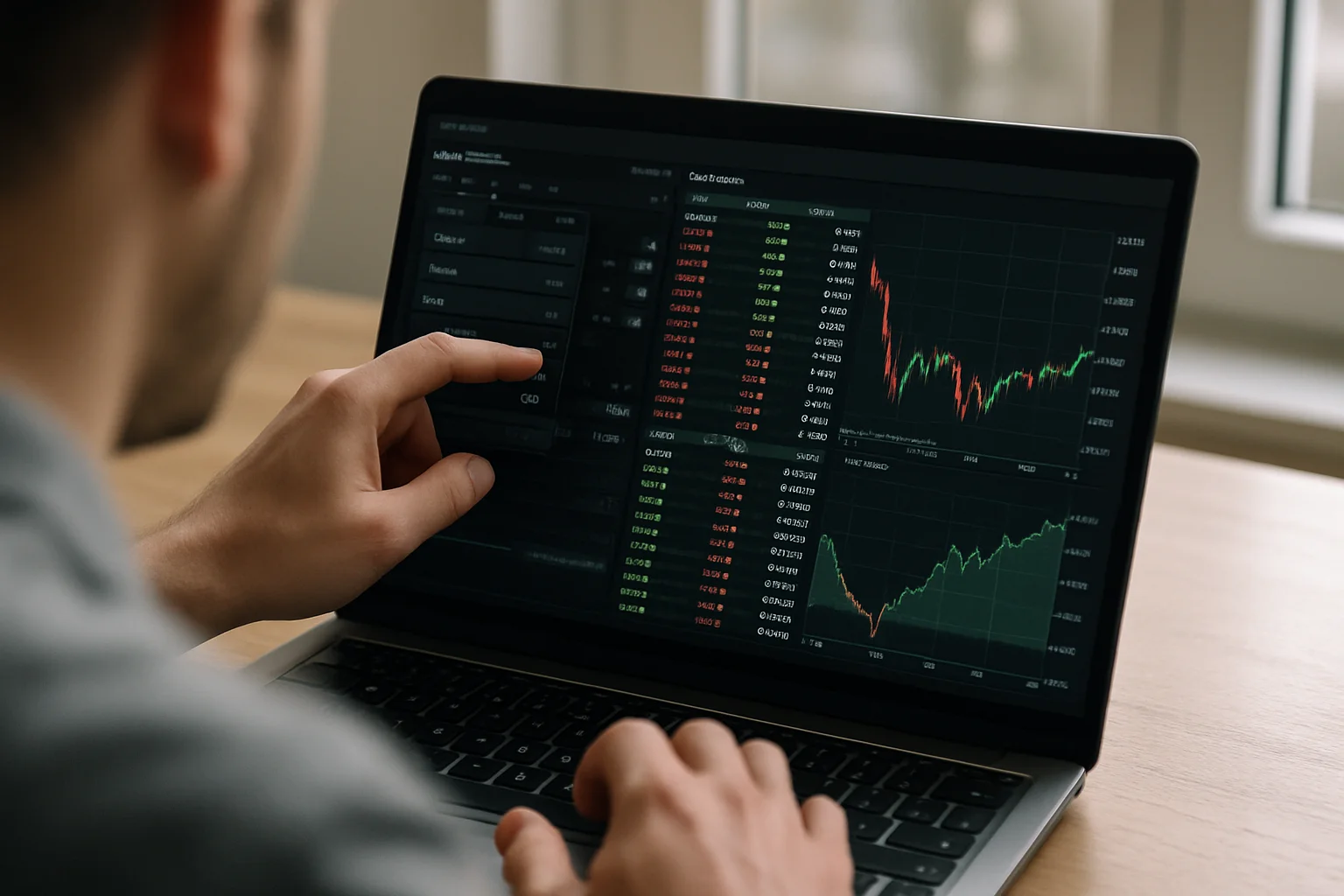 Vue réaliste par-dessus l’épaule de mains devant une interface de trading avancée, avec un panneau de saisie d’ordre ouvert avant de choisir le type d’ordre.