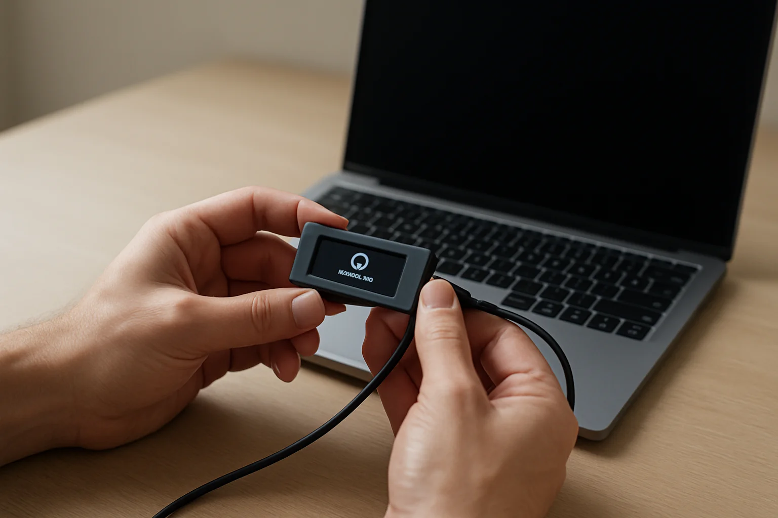 Deux mains tiennent un hardware wallet neuf relié par câble à un ordinateur portable sur un bureau sobre, pendant la création initiale d’un nouveau wallet.