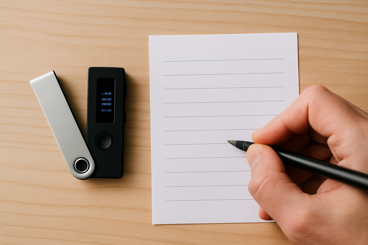 Vue de dessus d’un hardware wallet posé à côté d’une feuille de sauvegarde vierge pendant qu’une main note la seed ou sauvegarde du wallet avec un stylo.