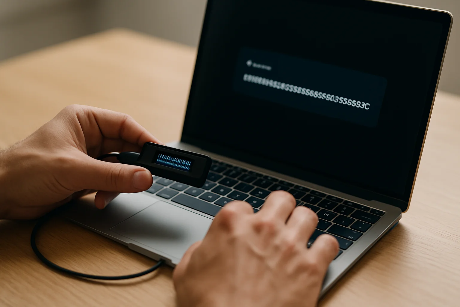 Gros plan sur la vérification d’une adresse de réception entre l’écran d’un hardware wallet et celui d’un ordinateur portable avant un dépôt.