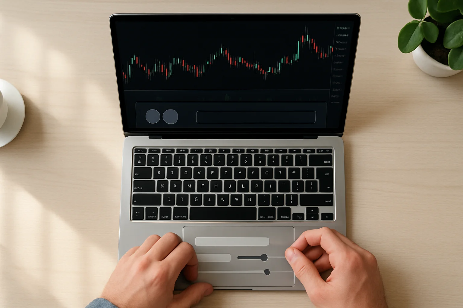 Vue de dessus d’un ordinateur portable avec une interface de trading sans inscription, montrant un sélecteur d’actif avec deux icônes rondes et une zone de saisie vide pendant qu’une main règle la taille totale de l’ordre.
