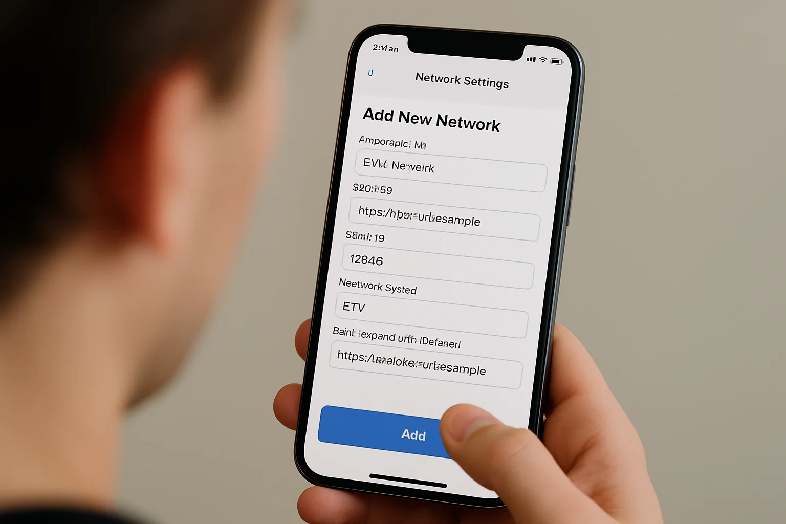 Une main tient un smartphone affichant l’écran des paramètres d’un wallet, avec l’ajout d’un nouveau réseau EVM prêt à être confirmé.