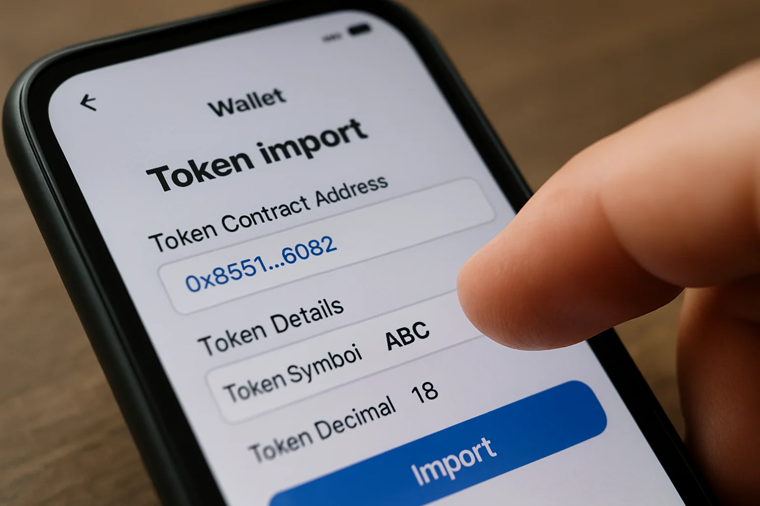 Un smartphone affiche l’écran d’import d’un token dans un wallet, avec une main en train de valider l’ajout du token.