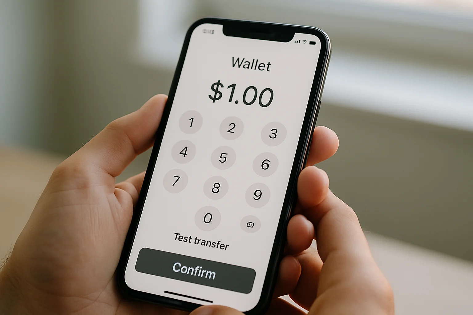Deux mains tiennent un smartphone montrant l’envoi d’une première transaction test depuis un wallet auto-hébergé.