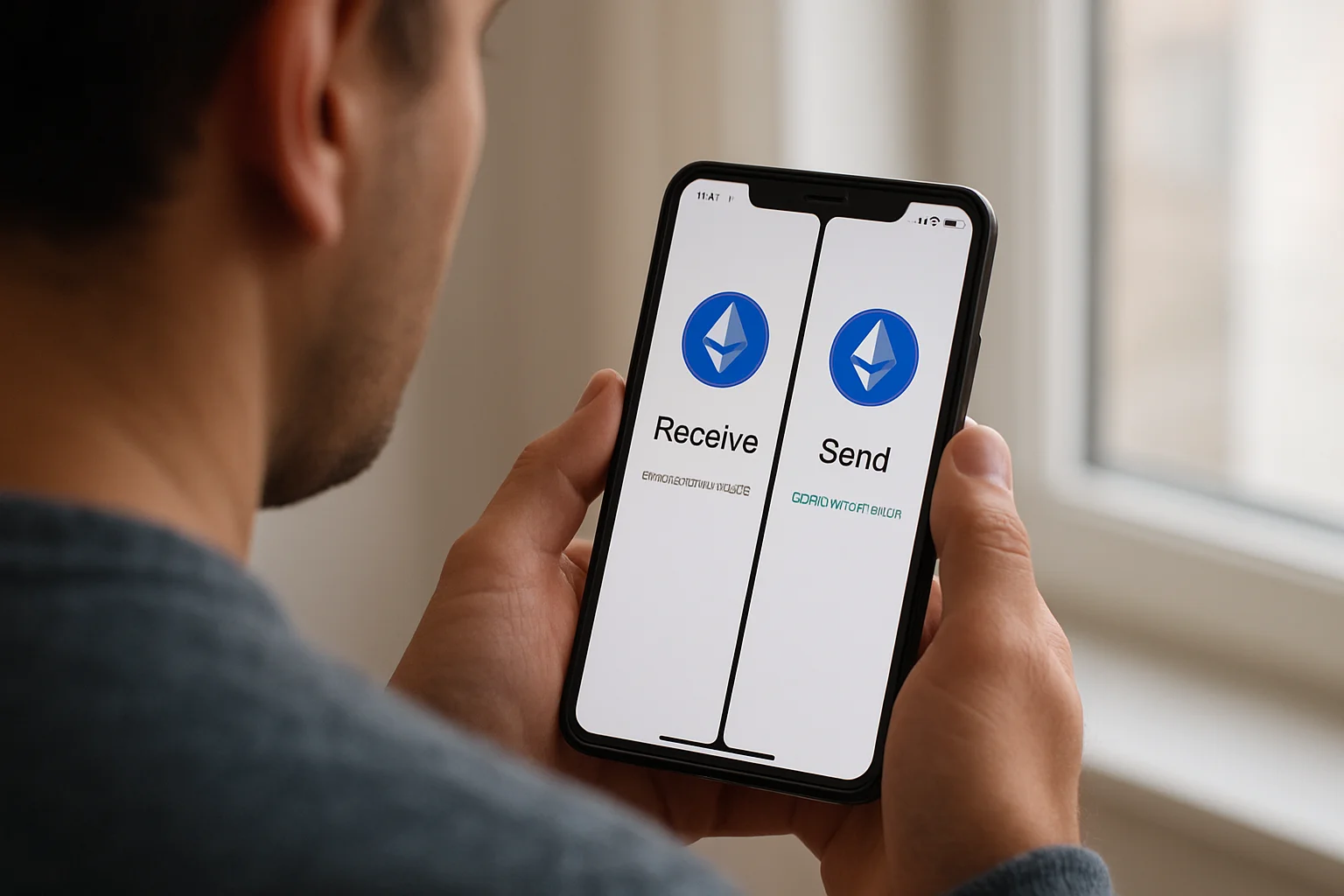 Une personne compare sur un smartphone l’écran de réception et l’écran d’envoi avec le même réseau sélectionné avant un transfert.