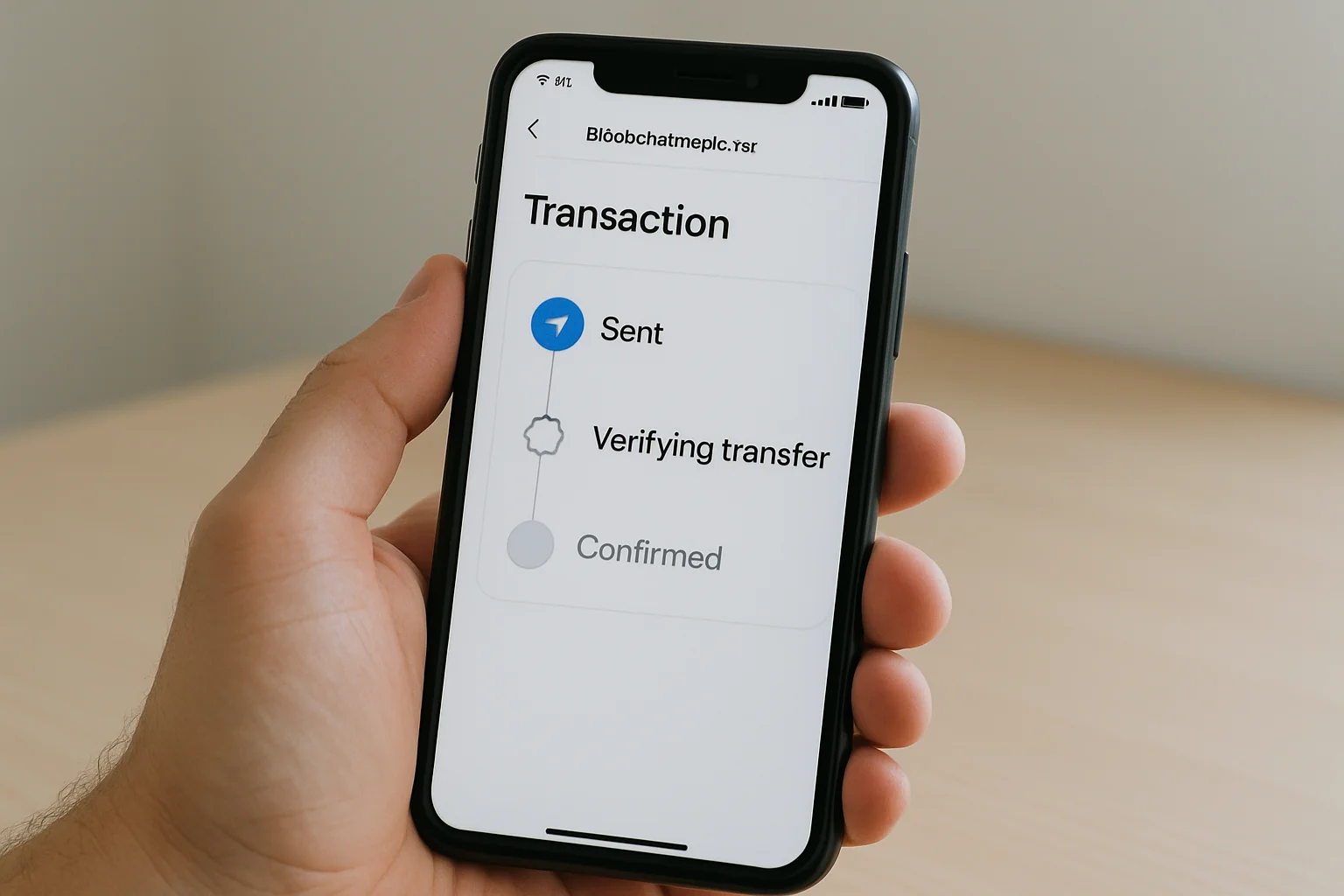 Un smartphone affiche le suivi d’une transaction sur un explorateur de blockchain après l’envoi.