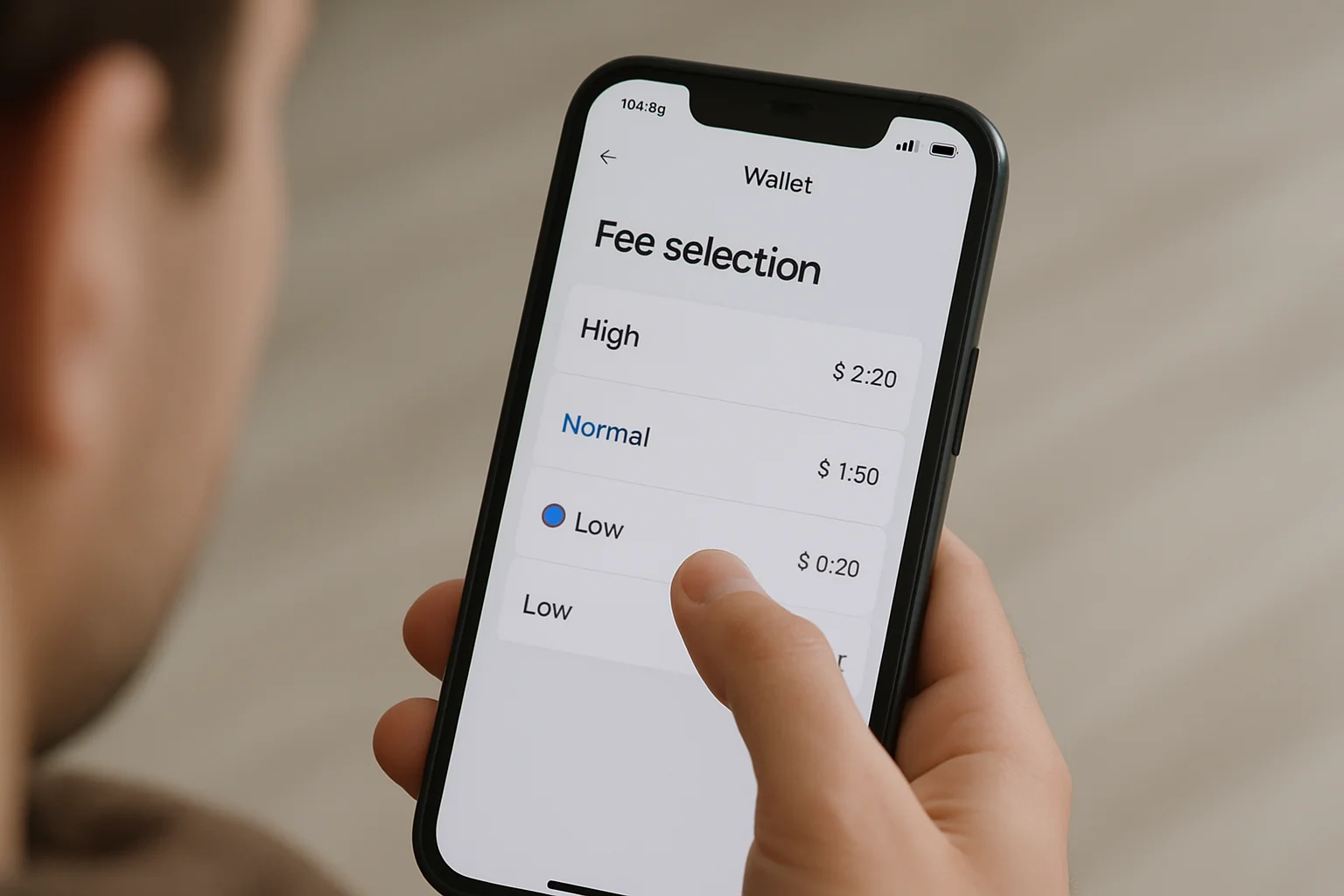 Un smartphone affiche les options de frais d’envoi Bitcoin avec différents niveaux de rapidité de confirmation, tandis qu’un doigt s’apprête à sélectionner un niveau.